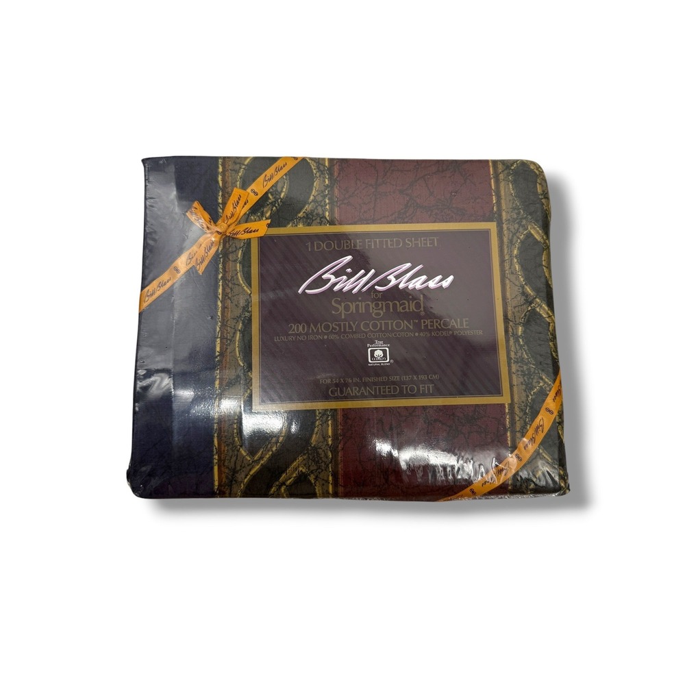 Bill‎ Blass Springmaid Full Fitted Sheet Burgundy Blue Geometric Percale Vintage